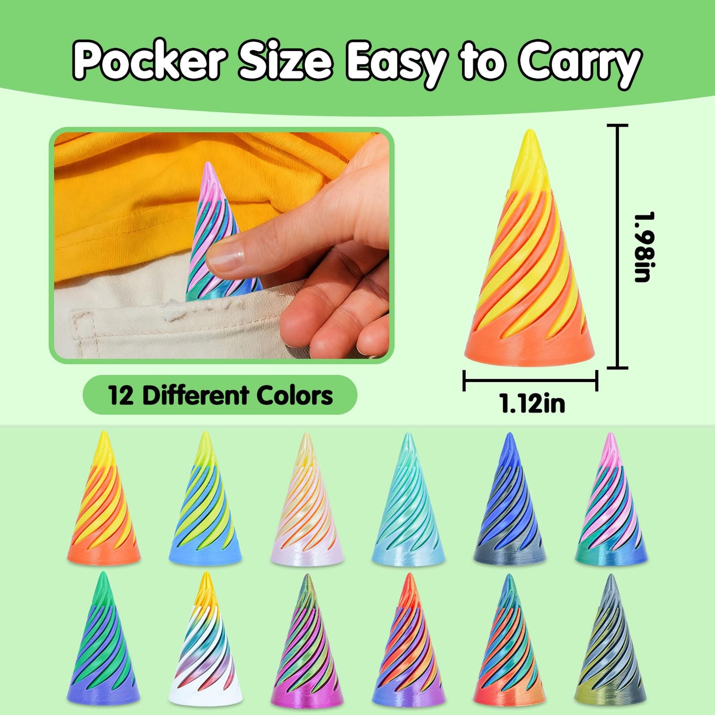12Pcs Mini Spiral Cone Pyramid Fidget Toy, 3D Printed Impossible Cone Passthrough, Mini Vortex Thread Illusion Desk Deco, Anxiety & Stress Relief, Gift for Adults & Kids (Cone-12 PCS)