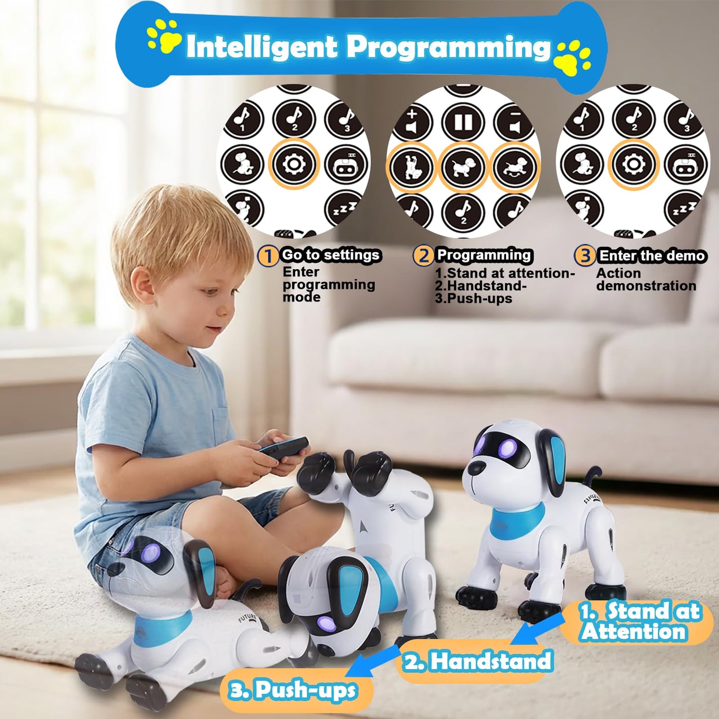yiman Remote Control Robot Dog Toy – Programmable Smart Robot Dog for Kids 3+, Interactive Dancing & Sound, RC Stunt Toys with LED Eyes, Electronic Pet Toy for Boys & Girls Gifts (Blue)