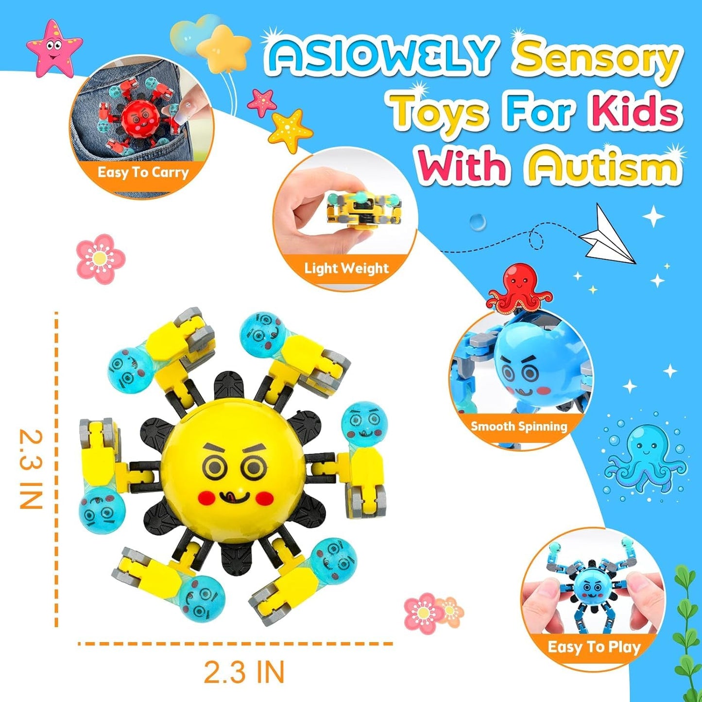 ASIOWELY Transformable Fidget Spinner Toys for Kids and Adults,4 Pcs Sensory Toy for Boys Girl ADHD Stress Relief Toys,Fingertip Gyros Travel Toy Party Favors for Teens Birthdays Gifts Easter Present