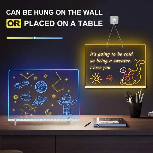 LED Note Board with Colors, 13.7"X10" 6 Modes & 8 Colors Acrylic Dry Erase Boards with Light, Include Adapter, Hanging Chain, Led Drawing Board for Kids with Stand,7 Markers, Spray Bottle