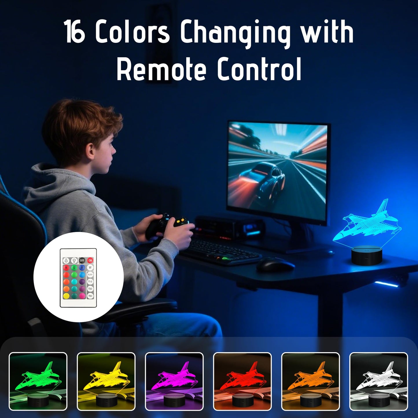 Anywin Warplane Night Lights,Kids Airplane 3D Night Light Bedside Lamp Fighter Toy Light 7 Colors Changing with Remote Control Best Christmas Gifts and Birthday Gifts for Boys Girls Kids Baby