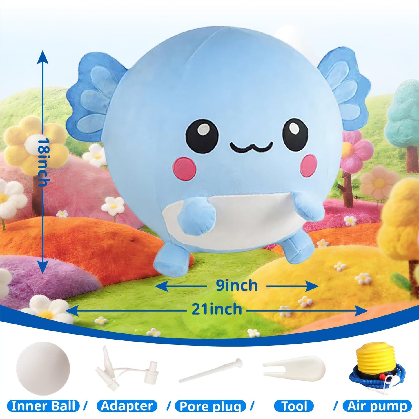 Lechonix Bouncing Balls for Kids, 29in/73cm Axolotl Plush Axolotl Toys for Girls, Inflatable Ride on Bouncer W/Pump Bounce Ball Support Up to 176 Pounds, Indoor Outdoor, Blue(5-7 Years)