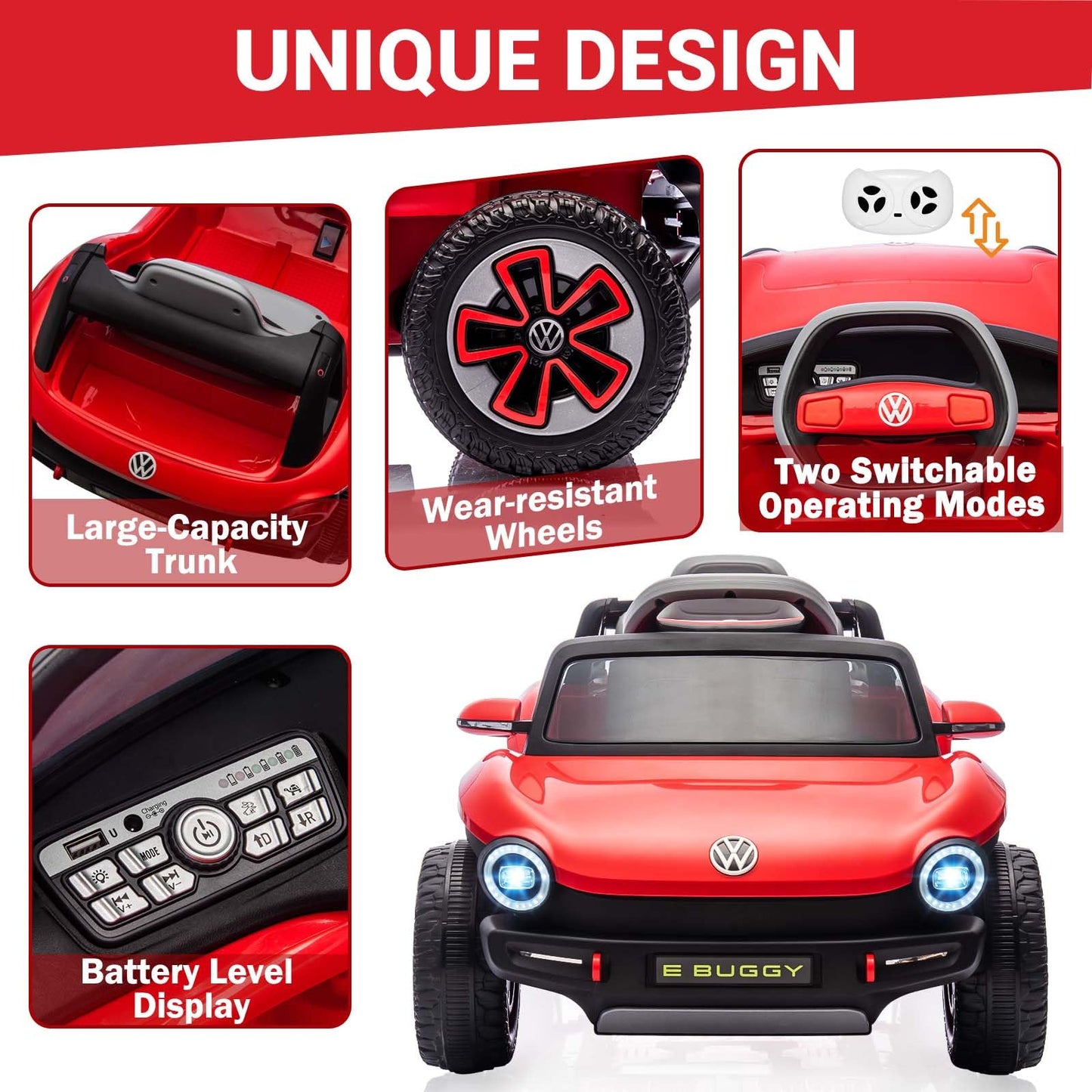 GarveeLife 12V Kids Ride On Car Licensed Volkswagen Beetle Electric Ride On Toy for Toddlers 4 Wheeler Vehicle with Parental Remote, Battery Level Display, LED Lights, USB, Horn, Music, Red