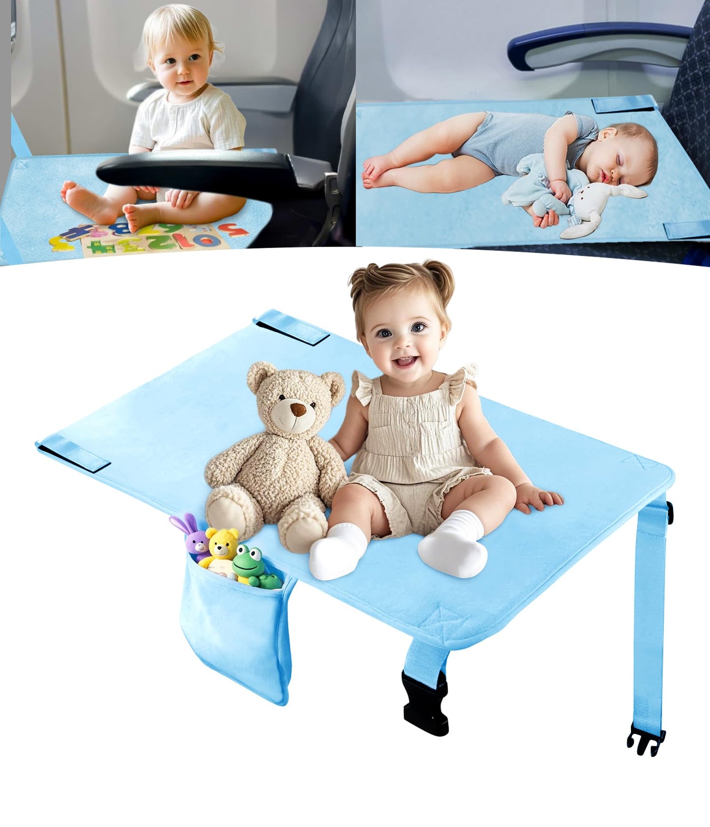 Toddler Airplane Bed, Toddler Travel Bed Airplane Seat Extender for Kids, Plane Tray Cover with Built-in Holder, Baby Travel Essentials for Flying, Portable Plane Footrest for Kids Blue
