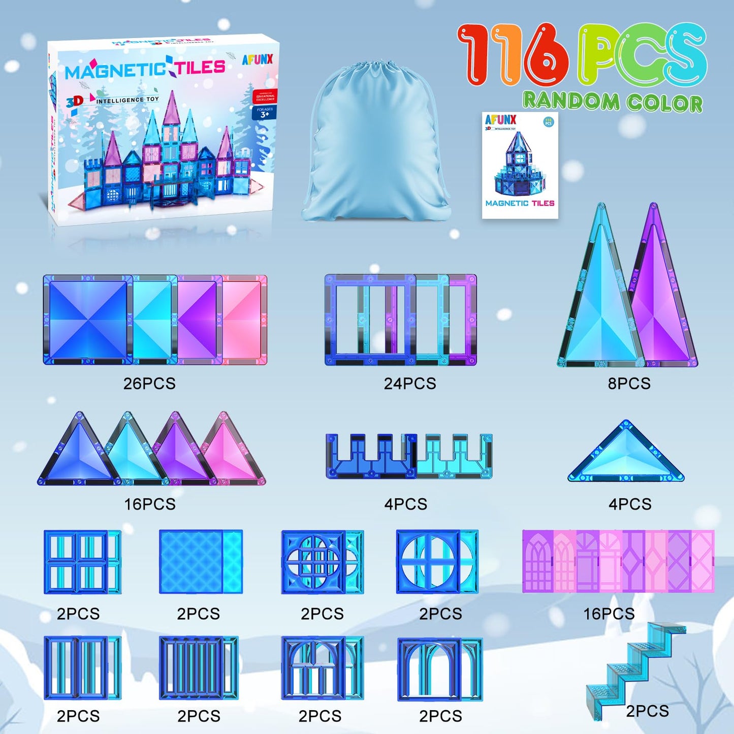 AFUNX Magnetic Tiles, 116PCS Magnet Building Blocks, 3D Diamond Magnetic Blocks, Construction Stem Toys for Kids, Educational Toys for Boys Girls Ages 3 4 5 6 7 8 (116 PCS)