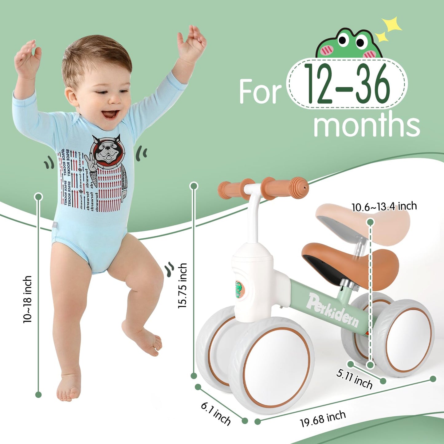 PerKidern Baby Balance Bike for 1-3 Year Old Boys Girls, 12-36 Month Toddler Balance Bike, 4 Wheels Baby Bike Toddler First Birthday Gifts (Green)