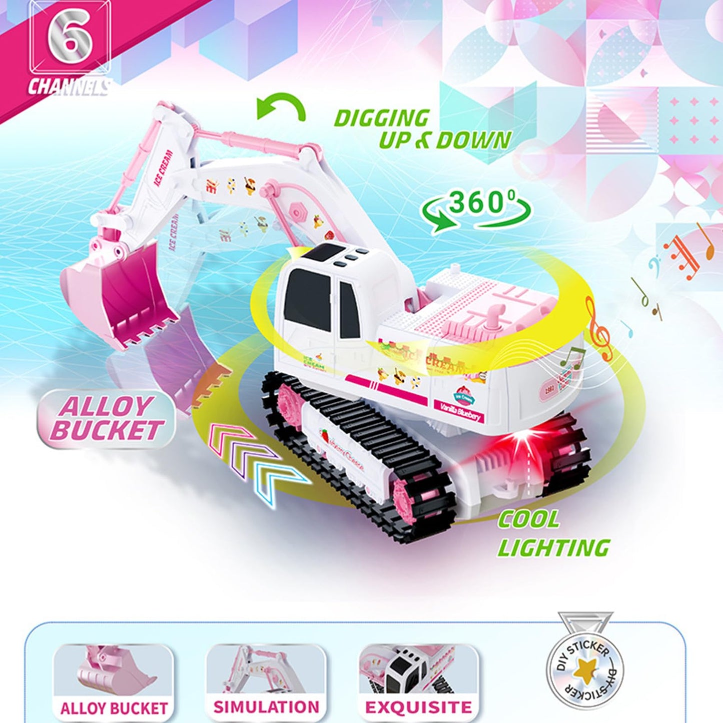 Hylukon Pink RC Excavator, 6 Channel 2.4Ghz RC Construction Vehicle Toy, 1:24Scale 360° Rotation Excavator Toy with Light Music & DIY Stickers Birthday Gift for Teen