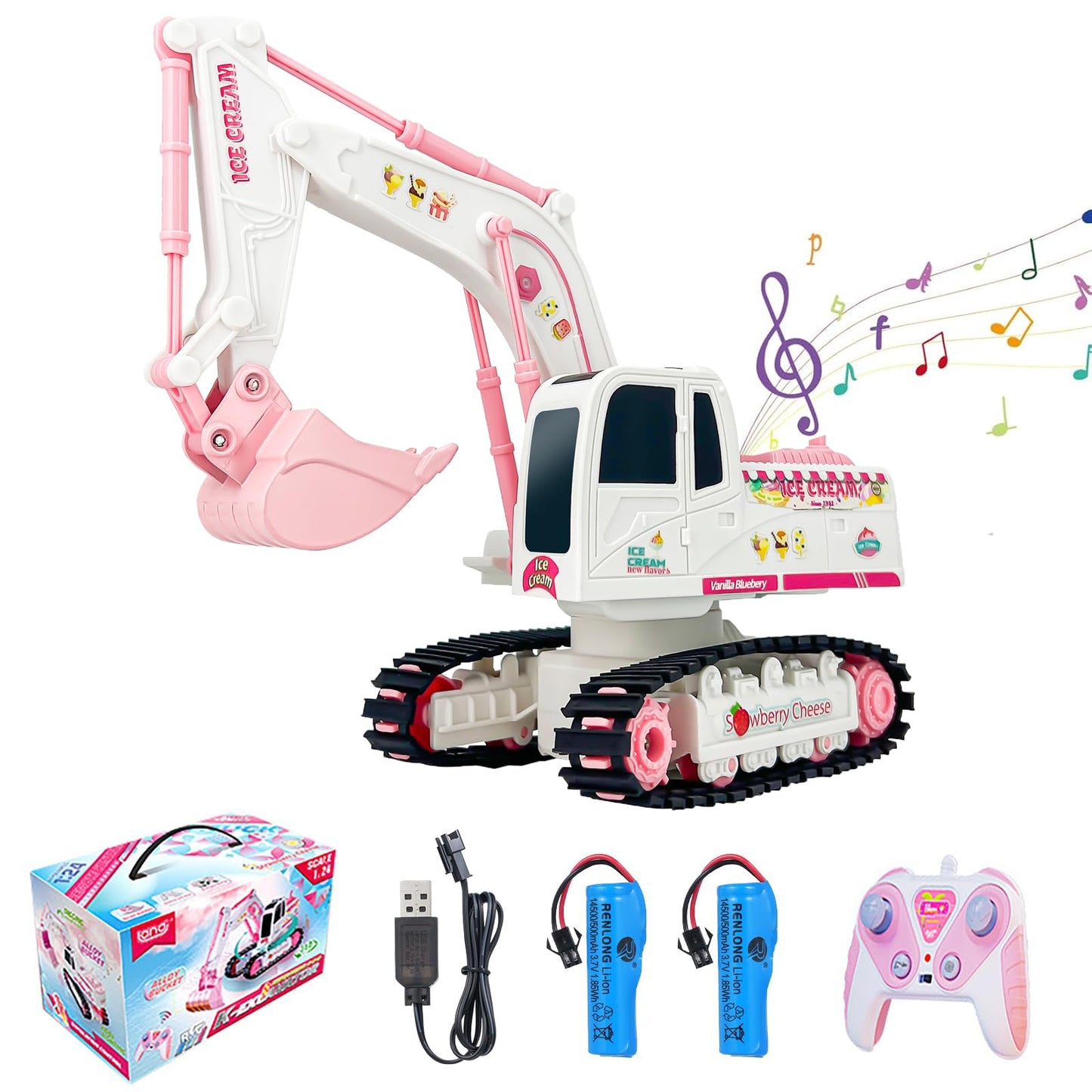 Hylukon Pink RC Excavator, 6 Channel 2.4Ghz RC Construction Vehicle Toy, 1:24Scale 360° Rotation Excavator Toy with Light Music & DIY Stickers Birthday Gift for Teen