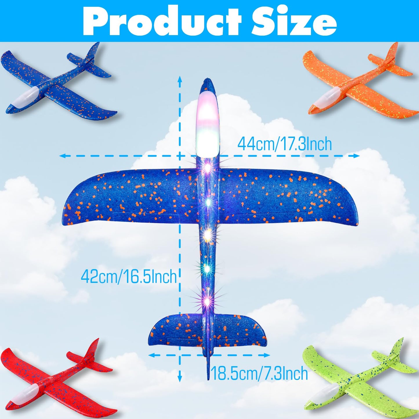 IJRPLM 4 Pack LED Airplane Toys, 17.3" Large Throwing Foam Plane, 2 Flight Mode Glider Plane, Outdoor Flying Toy for Kids, Flashing Glider Plane Foam Airplane Toy For 3 4 5 6 7 8 9 Year Old Boys Girls