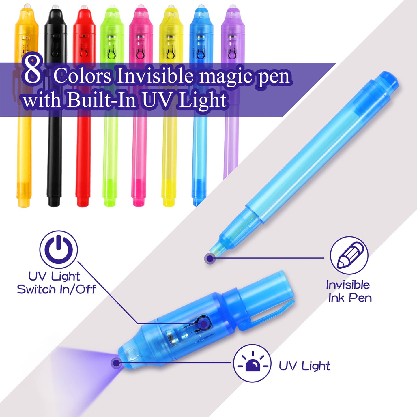 DazSpirit 32 Pack Invisible Ink Pens with UV Light, Detective Notepads & Gift Bags, Classroom Prizes, Treasure Box Fillers, Goodie Bag Stuffers, Spy Party Favors for Kids 8-12, Prize Box Toys