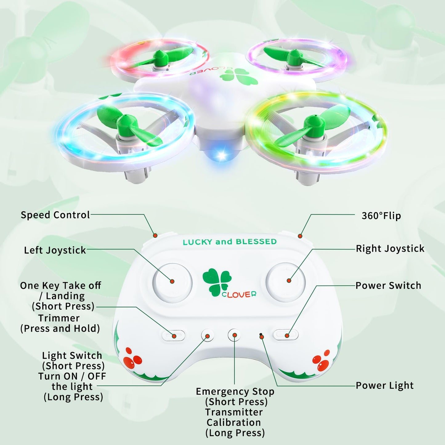 Clover Drone for Kids – Beginner-Friendly LED Quadcopter with Dual Modular Batteries, Easy to Fly, Altitude Hold, One-Key Takeoff, 360 Flips – Gift for Boys & Girls Age 6+