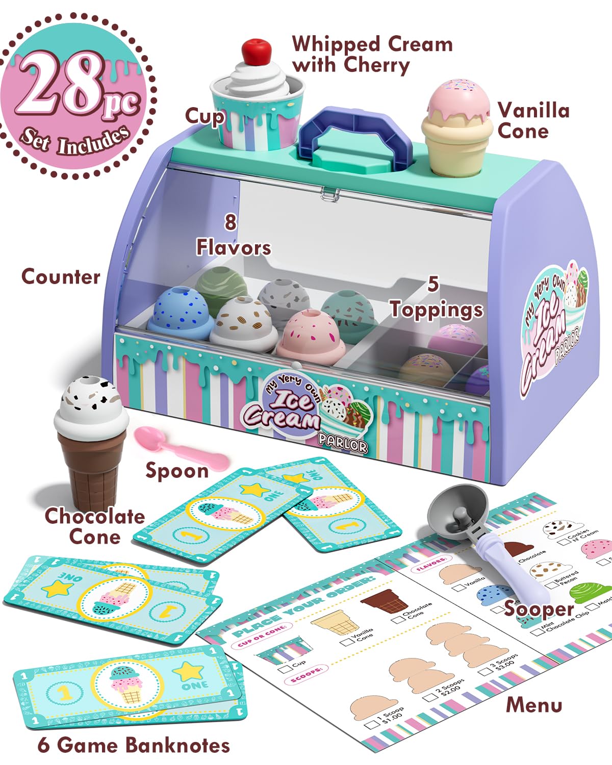 Lehoo Castle Ice Cream Toys for Toddlers 3-5, Toys for 3 4 Year Old Girls, Play Ice Cream Counter Shop Playset for Kids, Gift for Girls Boys 3 4 5 6 Year Old