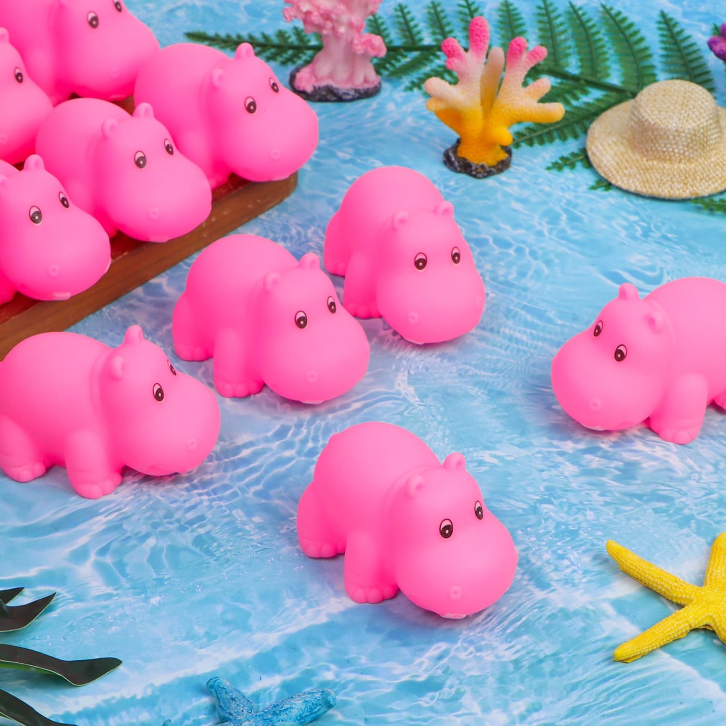 Youdaju 50 Pcs Rubber Hippo Baby Bath Toys Cute Floating Animal Bath Squirts Pink Hippo Bath Buddy Squirter Toys for Toddlers Fun Water Squirting Bathtime Play for Bathtub and Pool,Summer Beach Decor