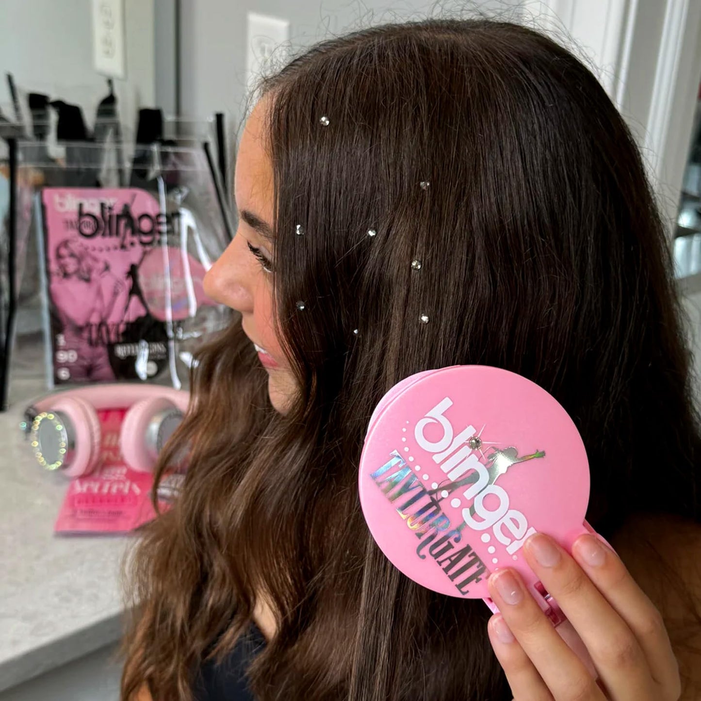 blinger® Limited Edition Reflections Starter Set with 90 Glass Crystals Hair Gems – as seen on Shark Tank| Pink Hair Accessories Styling Tool | Bedazzler Stamper Kit for Girls and Women