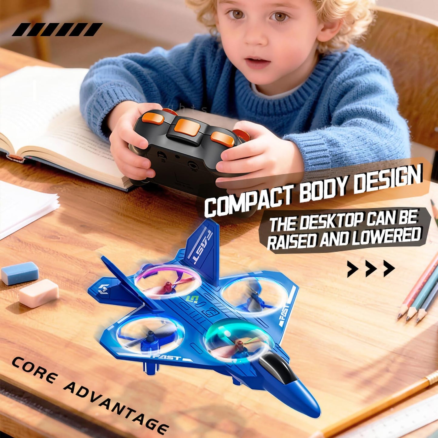 ANTSIR Upgraded RC Plane ABS Fighter Jet Drone for Kids, Mini RC Airplane with Throw-to-Fly Tech & LED Lights, 2.4G Remote Control Aircraft for Boys Age 8-16, Durable Stunt Drone Toy, Birthday