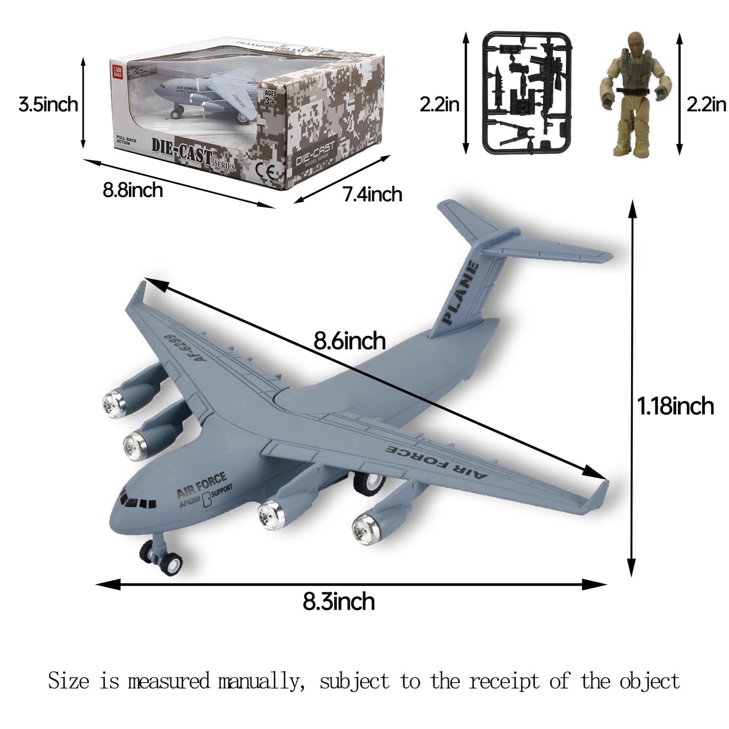 OTONOPI 8.3 Inches Diecast Plane Model Airplane with Army Man Pull Back and Let Go C17 6289 Alloy Transportation Aircraft Military Airbus with Lights and Sounds Toy Gift for Boys and Girls Age 3+
