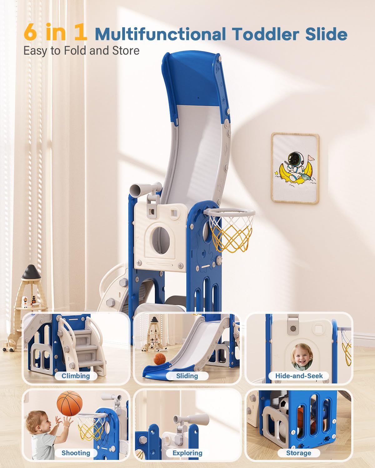 Babytronic Toddler Slide, 6 in 1 Kids Indoor Slide for Toddlers 1-3, Baby Indoor and Outdoor Climber Playset, Kids Slide with Basketball Hoop and Telescope, Toddler Outdoor Playground (Blue&Gray)
