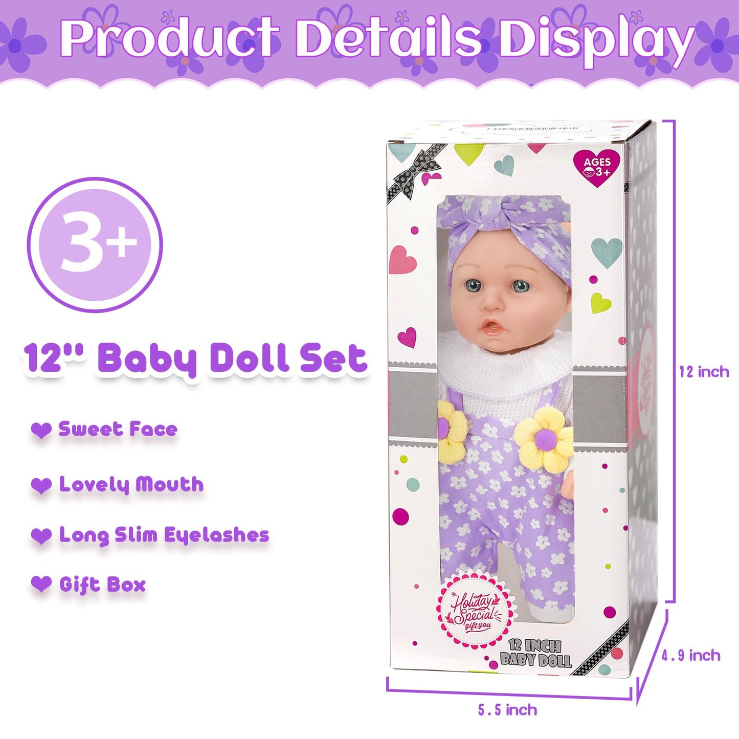 12" Flower Pattern Baby Doll With Backpack Carrier Can Store Clothes and Accessories,12 Inch Baby Dolls Set In Gift Box With Hanky Pacifier Bottle Pretend Baby Care Toy For Girl Child Toddler 3+ Gifts