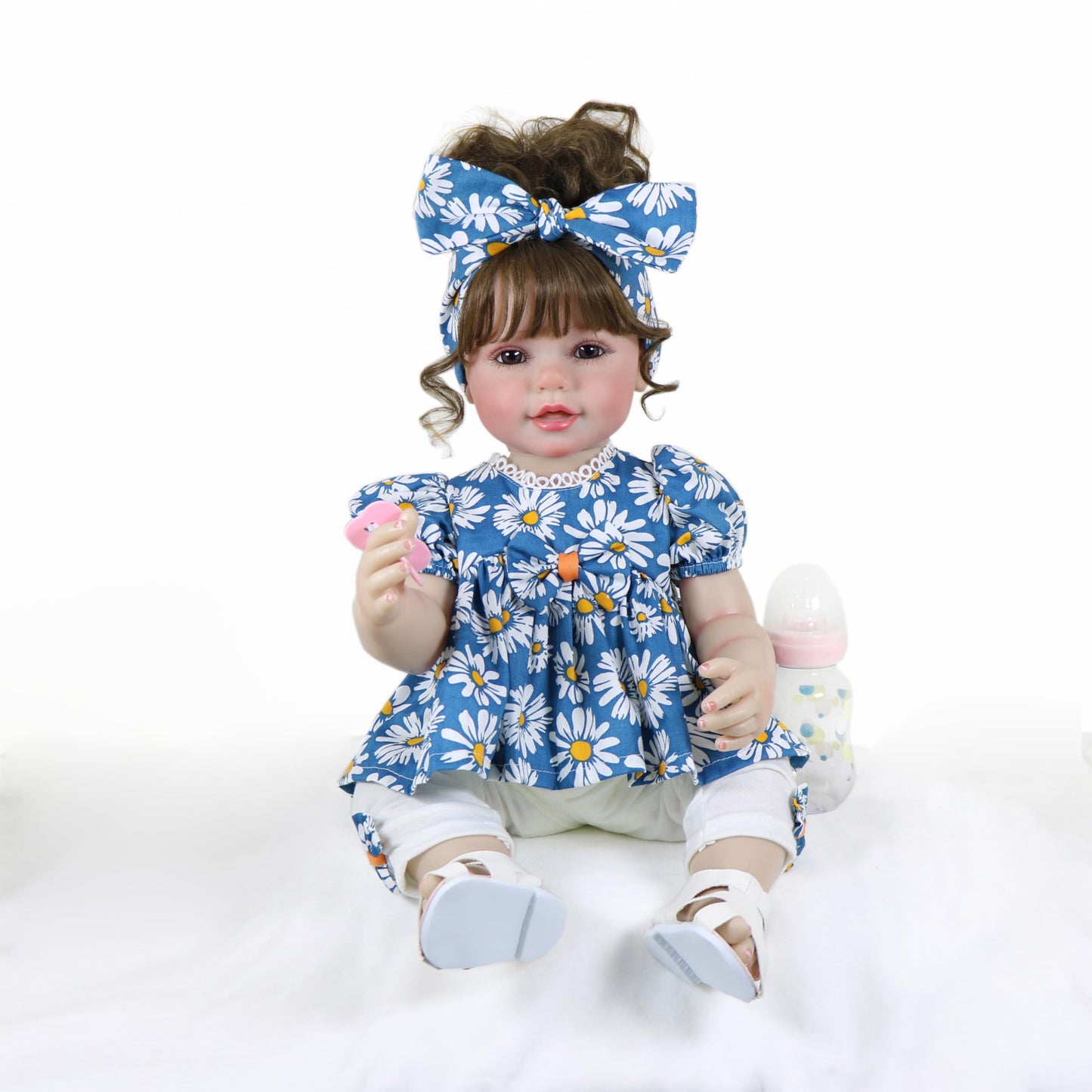 Sweet Daisy Dreams Reborn Toddler Doll – 22” Lifelike Poseable Doll with Rooted Brown Hair, Soft Full Vinyl Body & Daisy Outfit – Includes Pacifier, Bottle & Accessories – Ages 3+