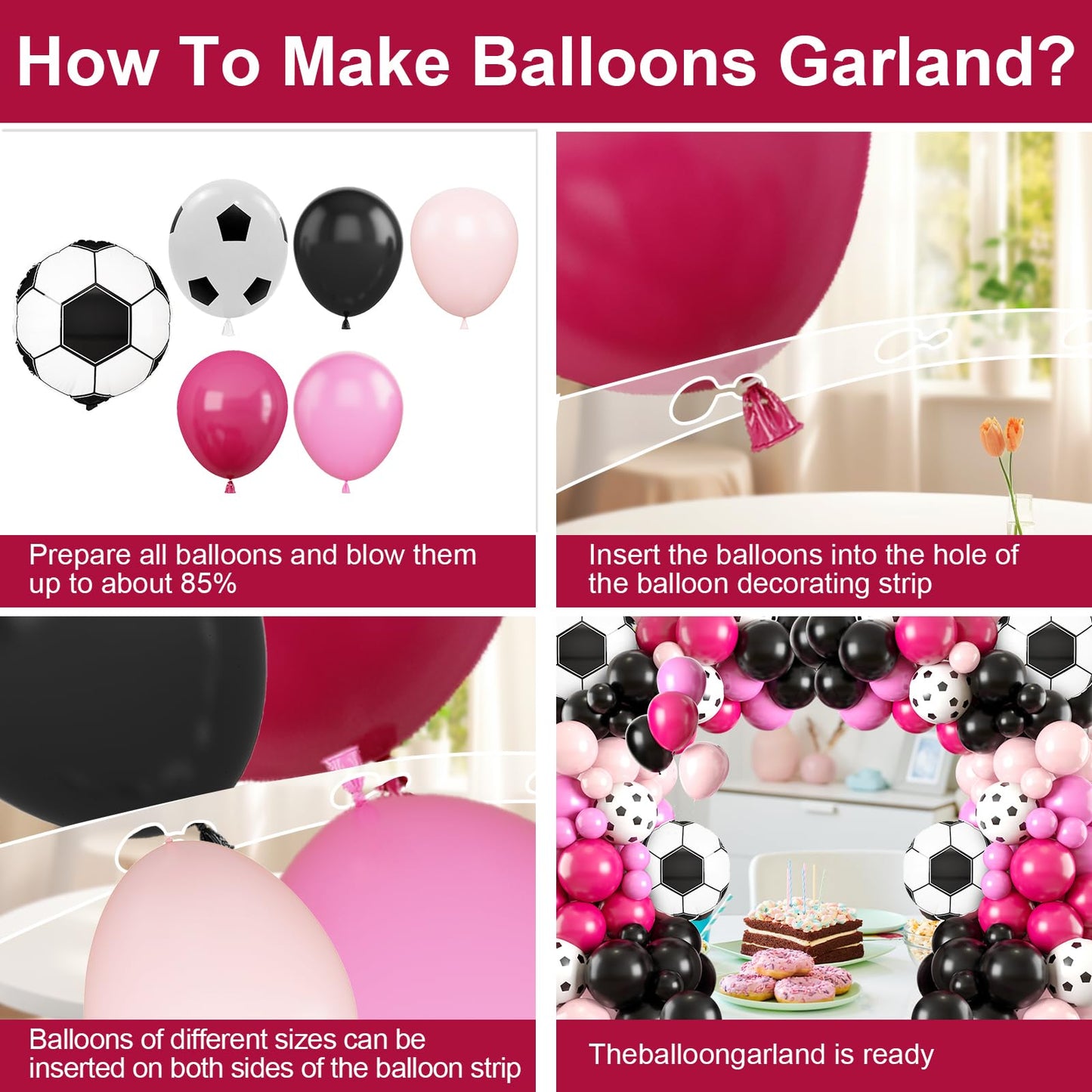 Soccer Party Balloon Garland Arch Kit, Black Hot Pink Decorations With Foil Balloon for Women Girls Kids Birthday Sports Theme, Football Party Decor Supplies