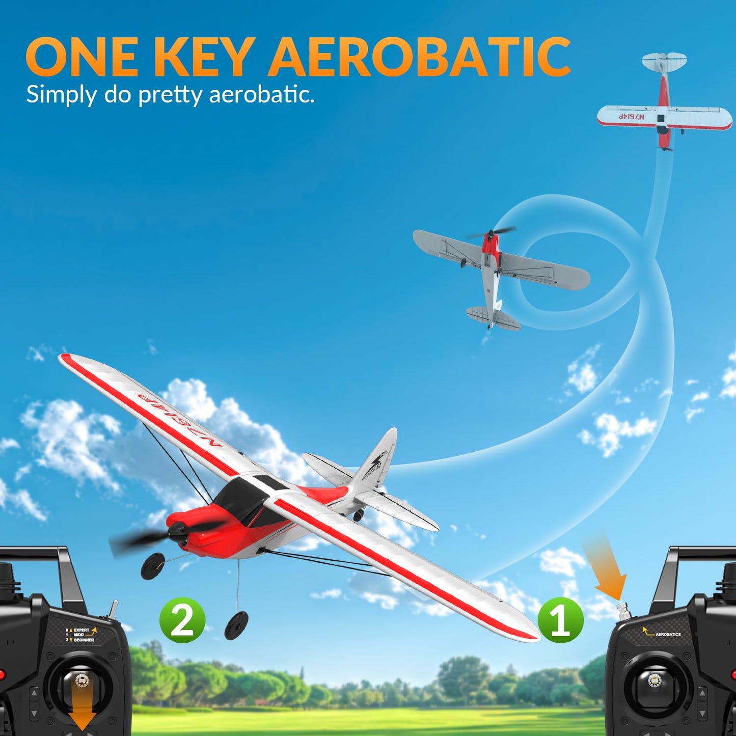 VOLANTEXRC RC Plane Trainer Sport Cub 4CH Remote Control Airplane with Prop Saver, 6-Axis Gyro Stabilizer & 3 Modes to Fly, Radio Controlled Aircraft RTF for Beginners & Adults (500mm,Red)