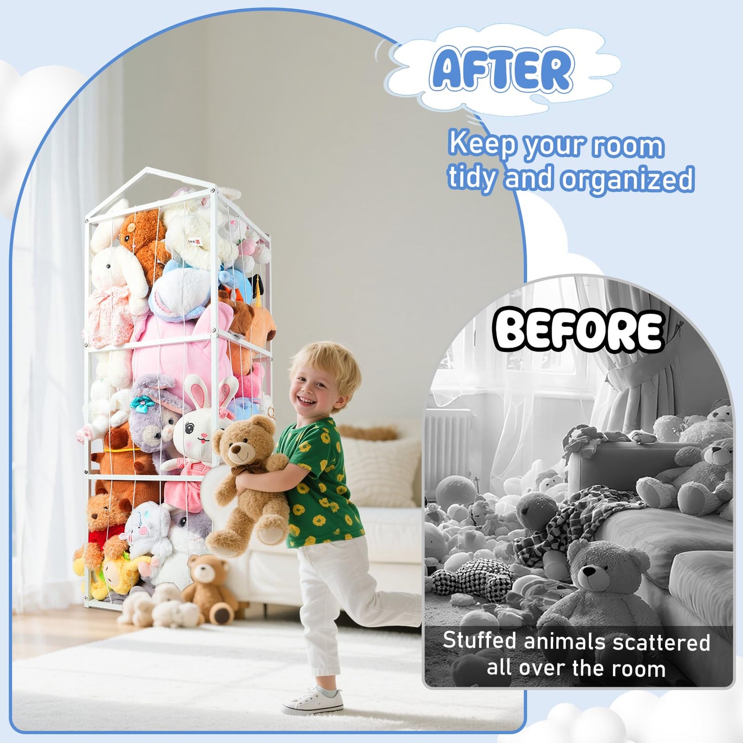 NomNest Stuffed Animal Storage Zoo, Large Carbon Steel Plushies Organizer, Heavy Duty Metal Teddy Bear Toy Holder for Kids' Bedroom & Playroom & Nursery (Non-Wheeled, White)