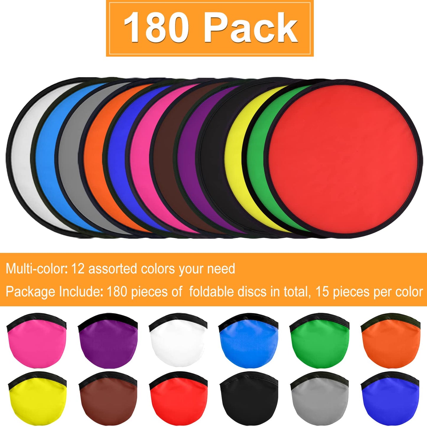 Mototo 180 Pieces Foldable Flying Disc Fans with Bag Folding Pocket Toy Set for Kids Fun Birthday Party Favors Summer Outdoor Activity Game Halloween Christmas, 12 Colors
