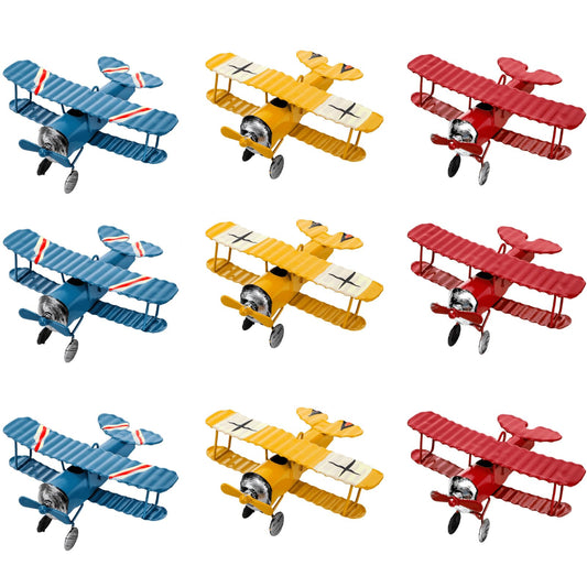 Youeon 9 Pcs Metal Airplane Hanging Decorations, Mini Retro Iron Biplane Model with Lanyard, Aircraft Ornament for Easter, Christmas, Cake Topper, Birthday, Gift, Photo Props, 3 Colors