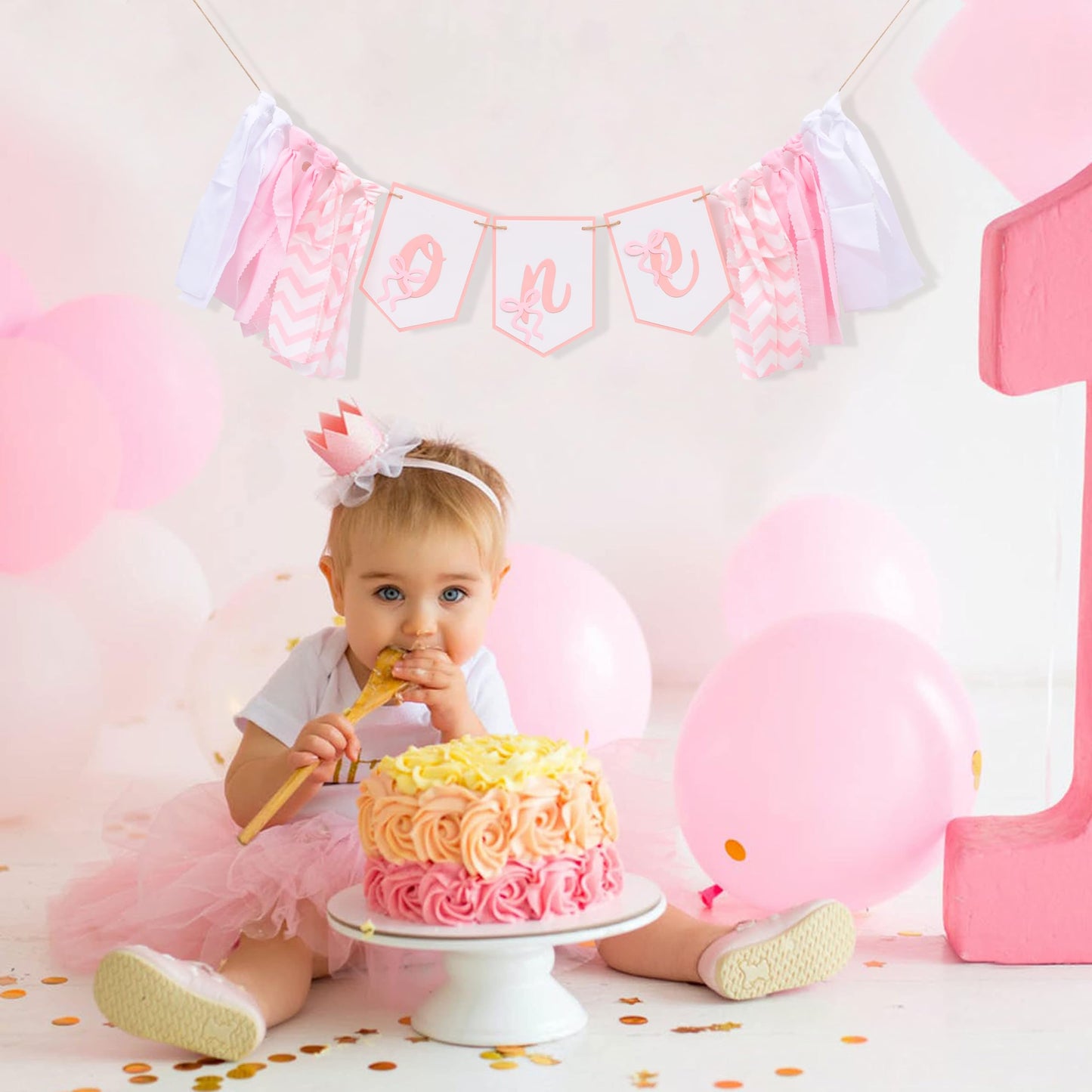 Bow One High Chair Banner - Sweet 1st Birthday Decorations, Pink Princess Party Photo Backdrop, Girls Smash Cake Highchair Banner, First Birthday Fabric Garland