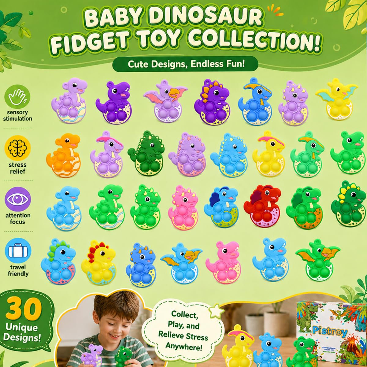 Pistroy 30PCS Mini Dinosaur Pop Keychains for Kids, Dinosaur Party Favors, Mini Pop Its Bulk, Pop It Fidget Toys, Goodie Bag Stuffers, Classroom Prizes, Treasure Box Toys, Pinata Fillers