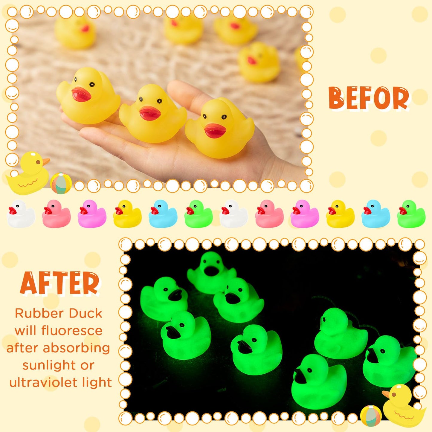 Chitidr 24 Pcs Glow in the Dark Rubber Ducks 2.2'' Luminous Mini Rubber Duck Fluorescent Tiny Light up Floating Squeaky Bathtub Toys for Baby Showers Summer Beach Pool Party Games (Colorful)