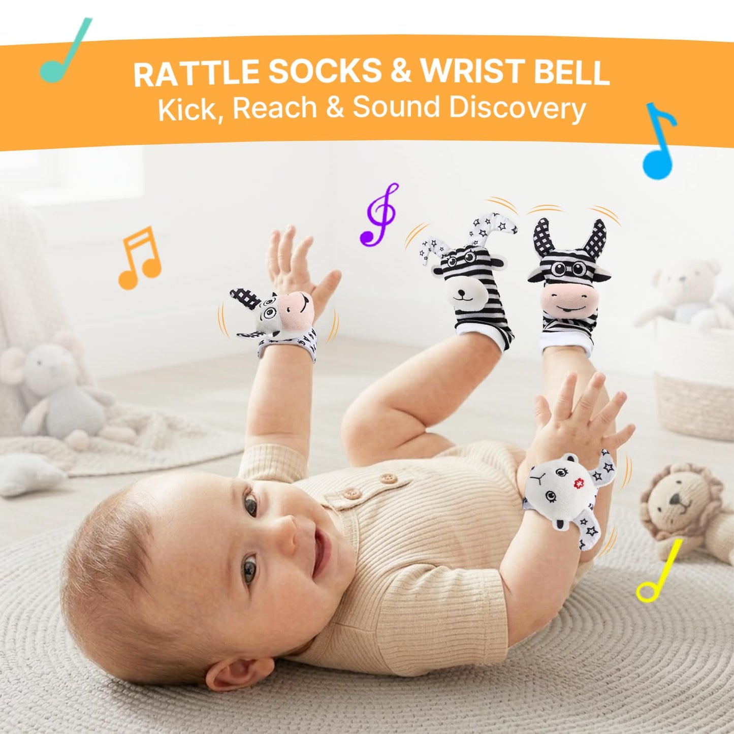 JoyCat Baby Toys 0-6 Months, 6-in-1 Newborn Sensory Toy Set with High Contrast Cards & Sensory Cloth, Wrist and Ankle Rattles, Baby Rattle, Hanging Cube and Teether, Baby Shower Gift for Boys Girls