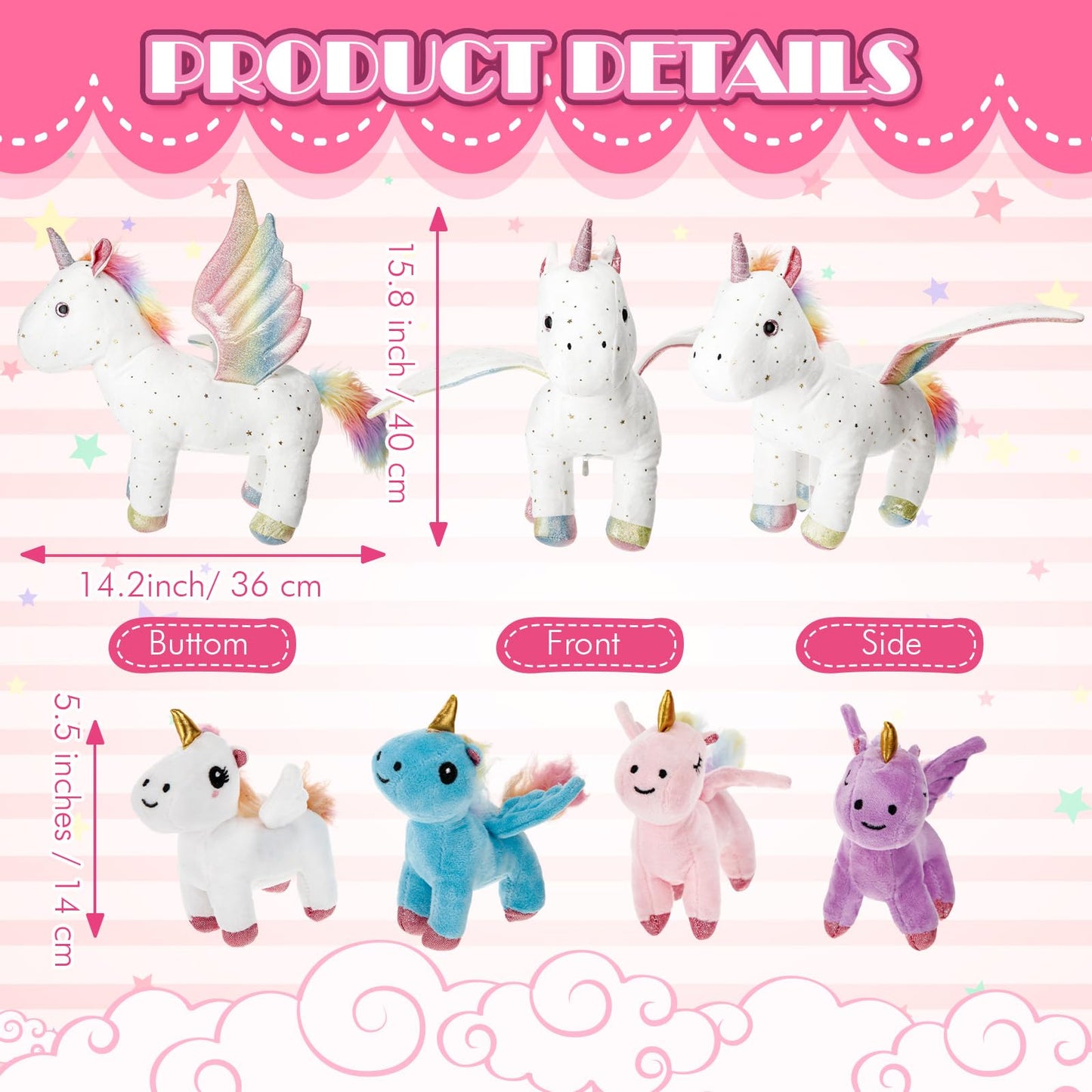 Hollowfly 5 Pcs Fly Unicorns Plush Toy Gift Set 15.7" Mom Unicorns with 4 Cute Babies Stuffed Animal in Zippered Back Nurturing Plushies Toy Set for Kid Adults Birthday Party Favors Gifts