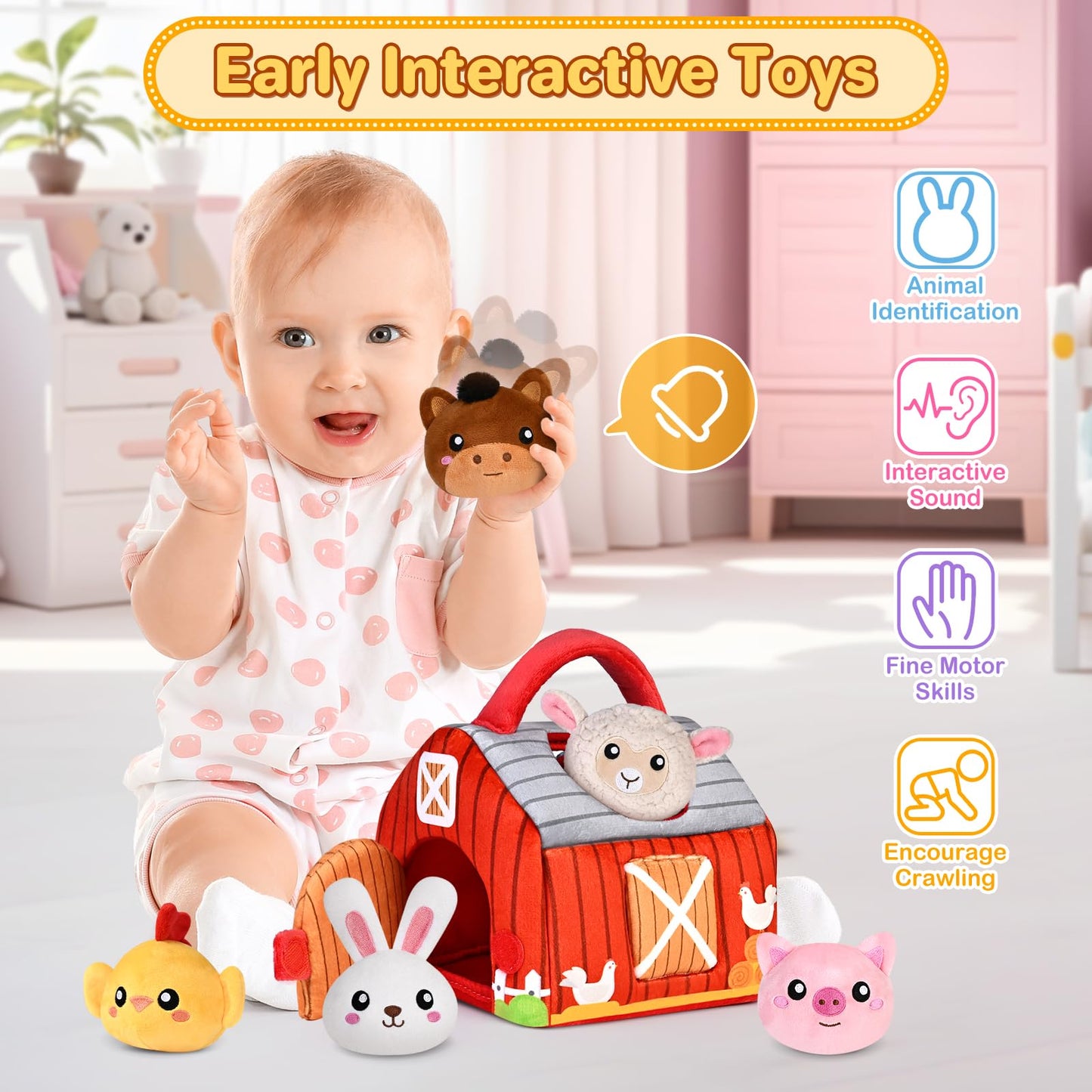 Baby Toys 0-6 6-12 Months, Plush Big Red Barn with Farm Animals, Soft Sensory Toys with Crinkle, Rattles for 0-3-6-9-12 Month Newborn Infant, Christmas Easter Birthday Gifts for Baby Boys Girls﻿