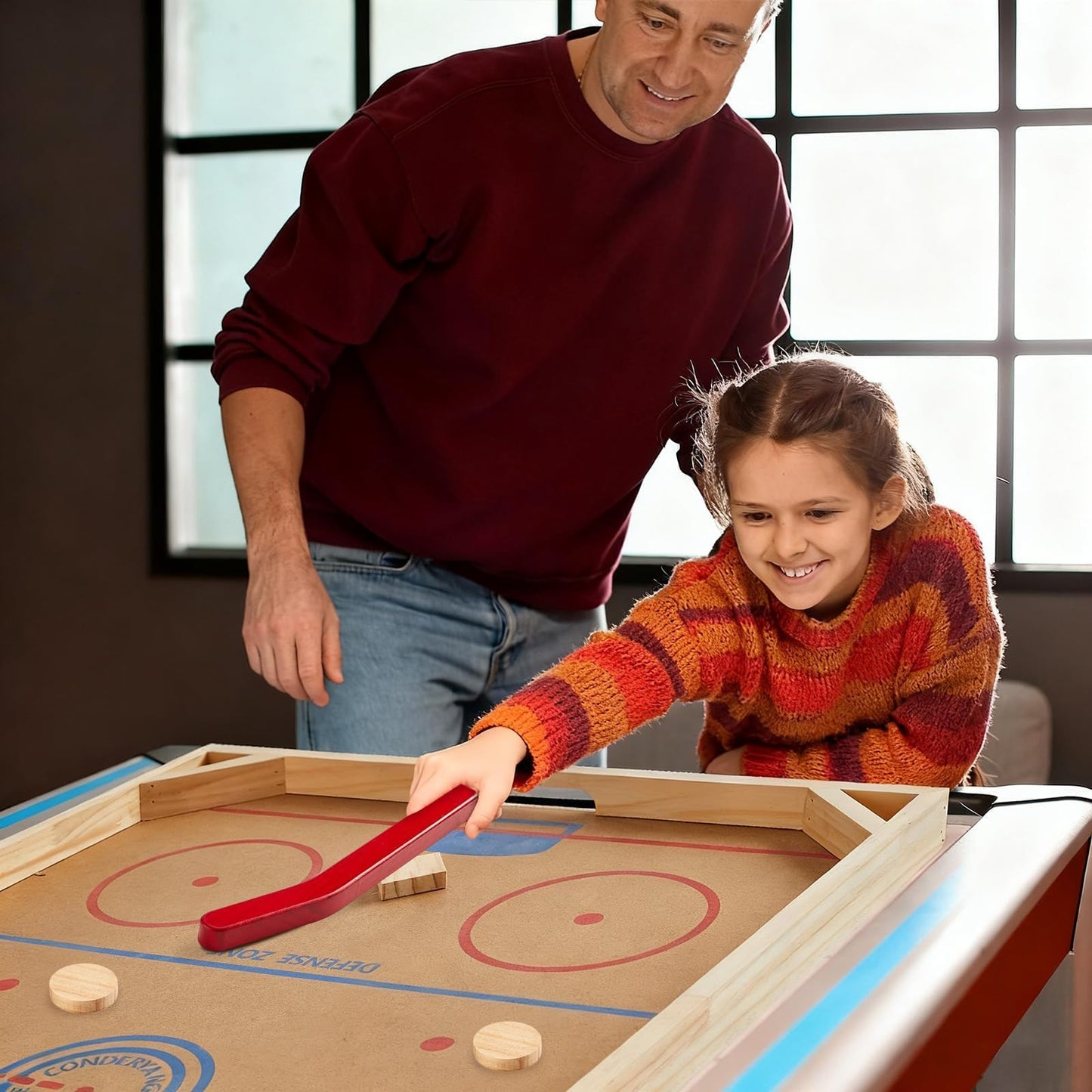 Conderyang Wooden Tabletop Hockey Game Includes 1 Wooden Game Board 2 Hockey Sticks and 2 Pucks Indoor and Outdoor Sports Board Games for Kids Children Adults Family