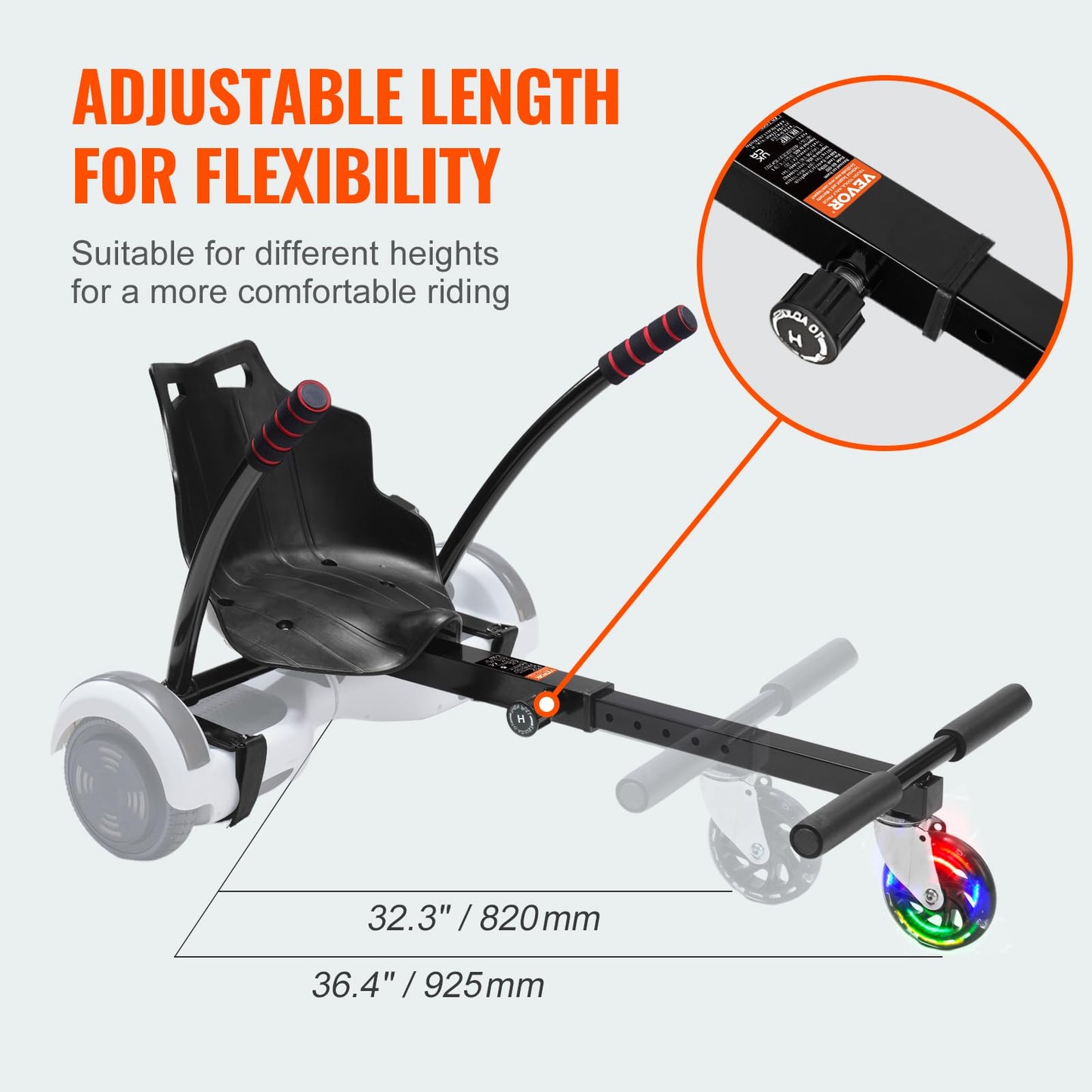 VEVOR Hoverboard Seat Attachment with LED Lights, for 6.5" 8" 8.5" 10" Hoverboards, Adjustable Frame & Grips Control, 220 LBS Load Capacity, Hoverboard Go Karts Accessory for Kids and Adults