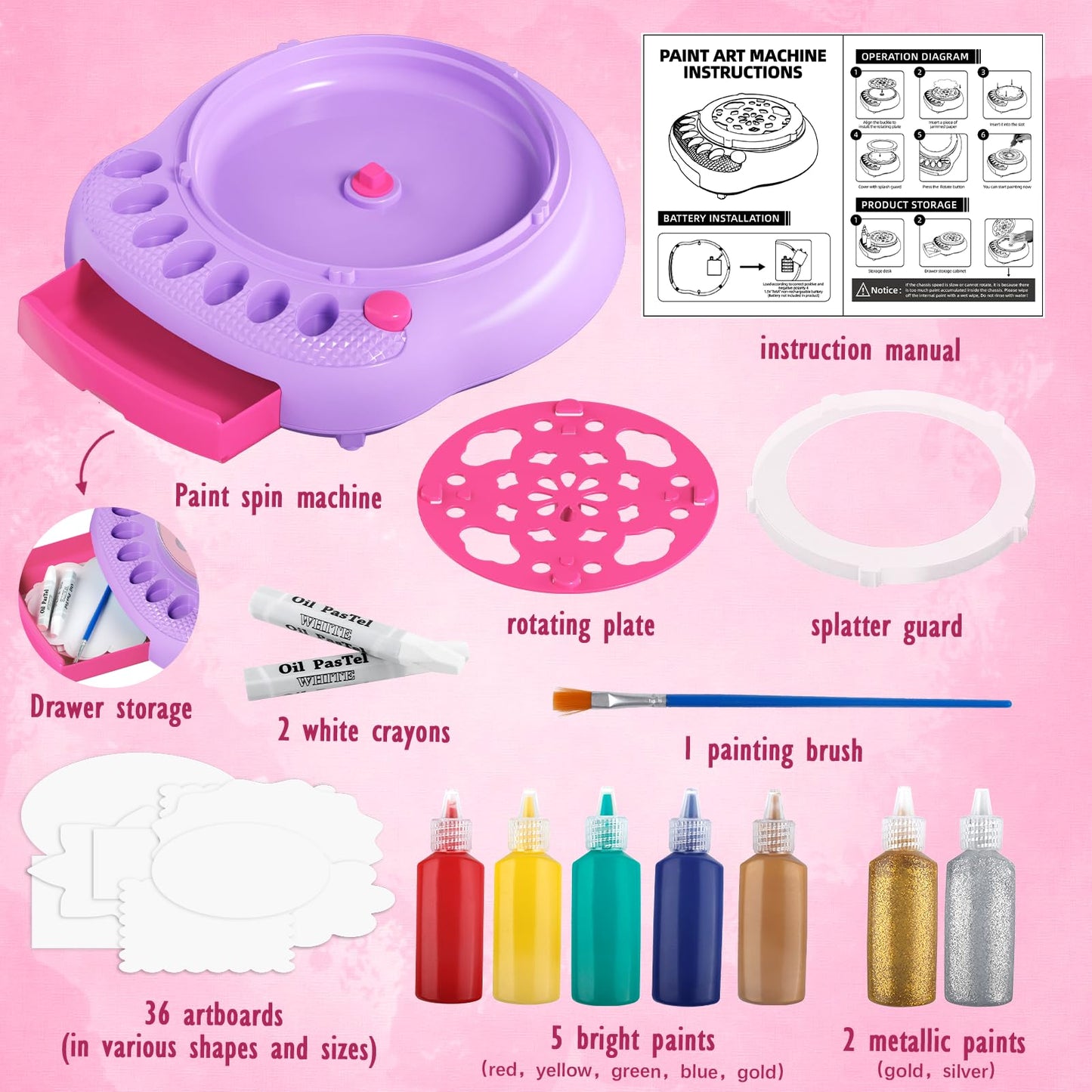 Spin Art Machine for Kids - Paint Spinner Art Craft Kit with 36 Artboards & 7 Colors - Arts and Crafts Painting Set for Boys Girls Ages 4-12, Birthday Easter Gifts for 6 7 8 9 10 Year Old (Purple)