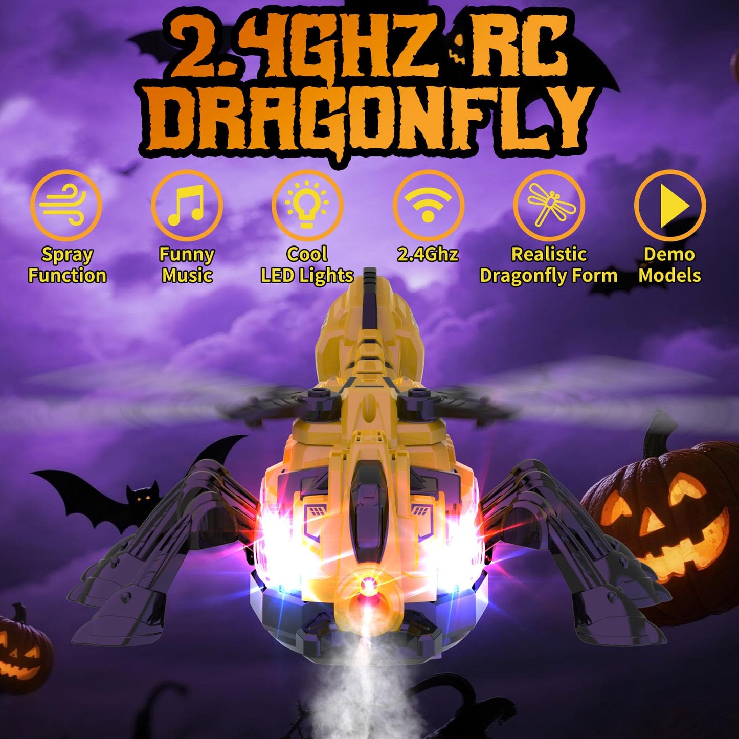 Remote Control Dragonfly Toy, Robot Dragonfly with 2.4 GHz Remote Controller, RC Stunt Robot with Spray/Lights/Music, Dragonfly Gift for Boys Girls, Halloween, Christmas, Toys for Party Prank, Yellow