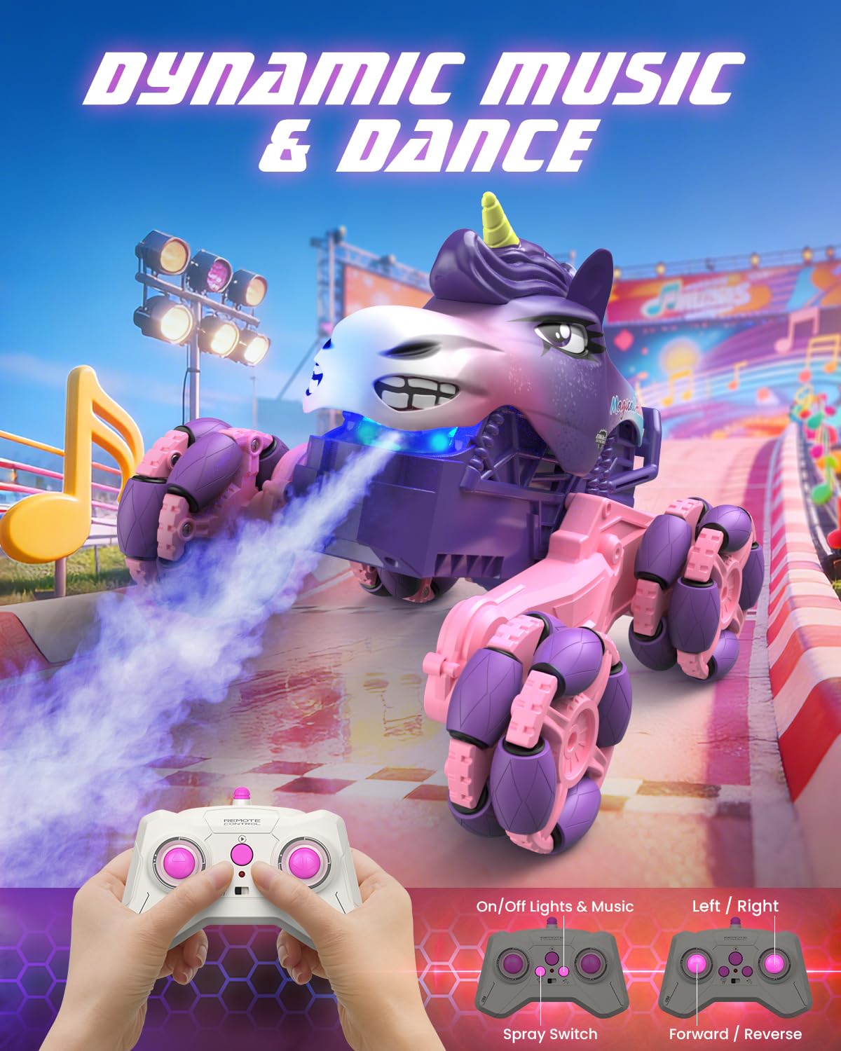 MAGTHIC Remote Control Car 1:18 Pink Unicorn Monster Truck 360° Spin-Dance Light Music with Spray, 2.4 GHz 4WD 120 Min Runtime Off-Road for Indoor & Outdoor Fun Toy Birthday Gifts for Girls Age 3+