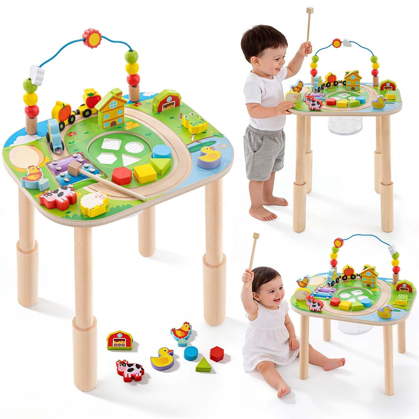 Activity Table for 1 Year Old with Two Height Levels,Wooden Sensory Play Table for Toddlers 1-3,8 in 1 Montessori Learning Toy with Bead Maze, Shape Sorter & Train,Gift for Baby Boys Girls (Farm)