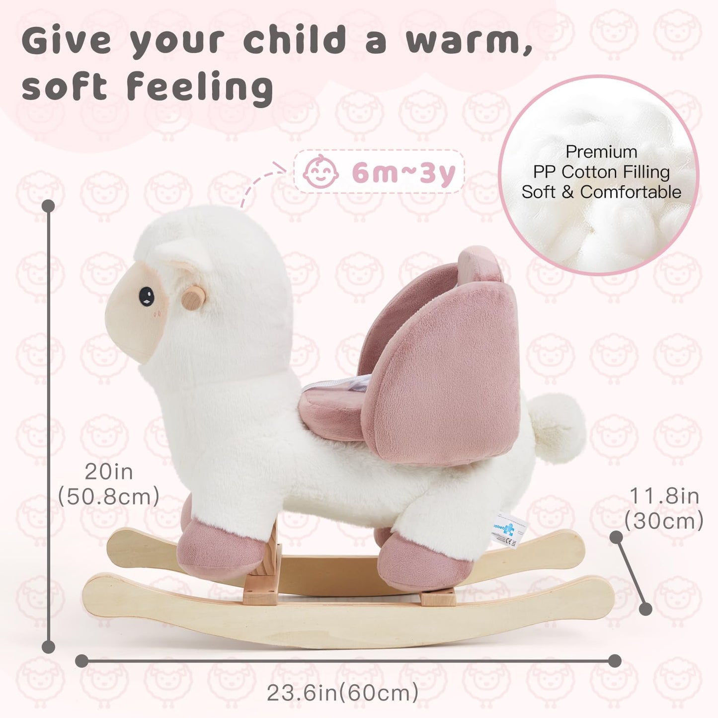 labebe - Baby Sheep Rocking Horse, Kids Plush Stuffed Rocking Animals, Ovis Aries Rocker with Seatbelt for 6 Months Babies, White Romney Rocking Horse for Toddler 1-3 Age Girl