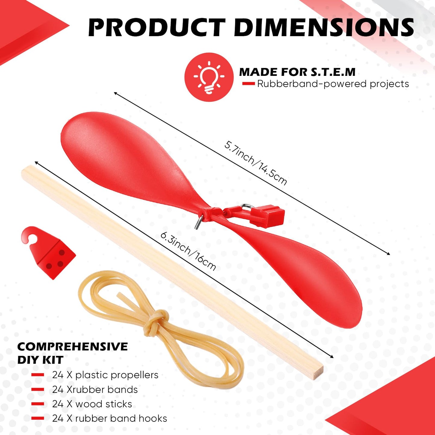 Leyndo 24 Set Helicopter Kit 6" Plastic Propeller for Stem Activities Propeller Blades with Rubber Band Wood Sticks for Airplanes and Helicopters from School and Research Institution (Red)