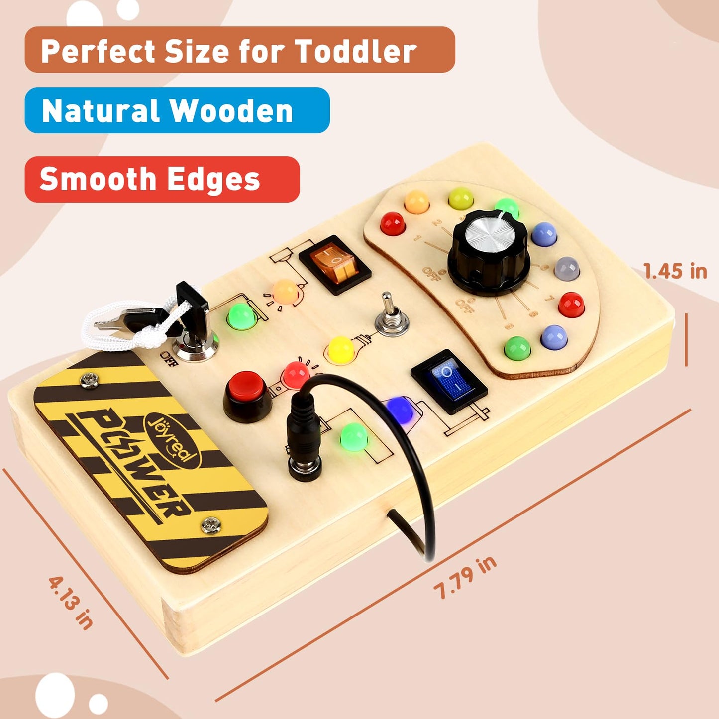 Joyreal Toddler Busy Board, Wooden Montessori Busy Board Sensory Board with LED Light Switch, Sensory Toys Baby Fidget Board Travel Toys for Toddler