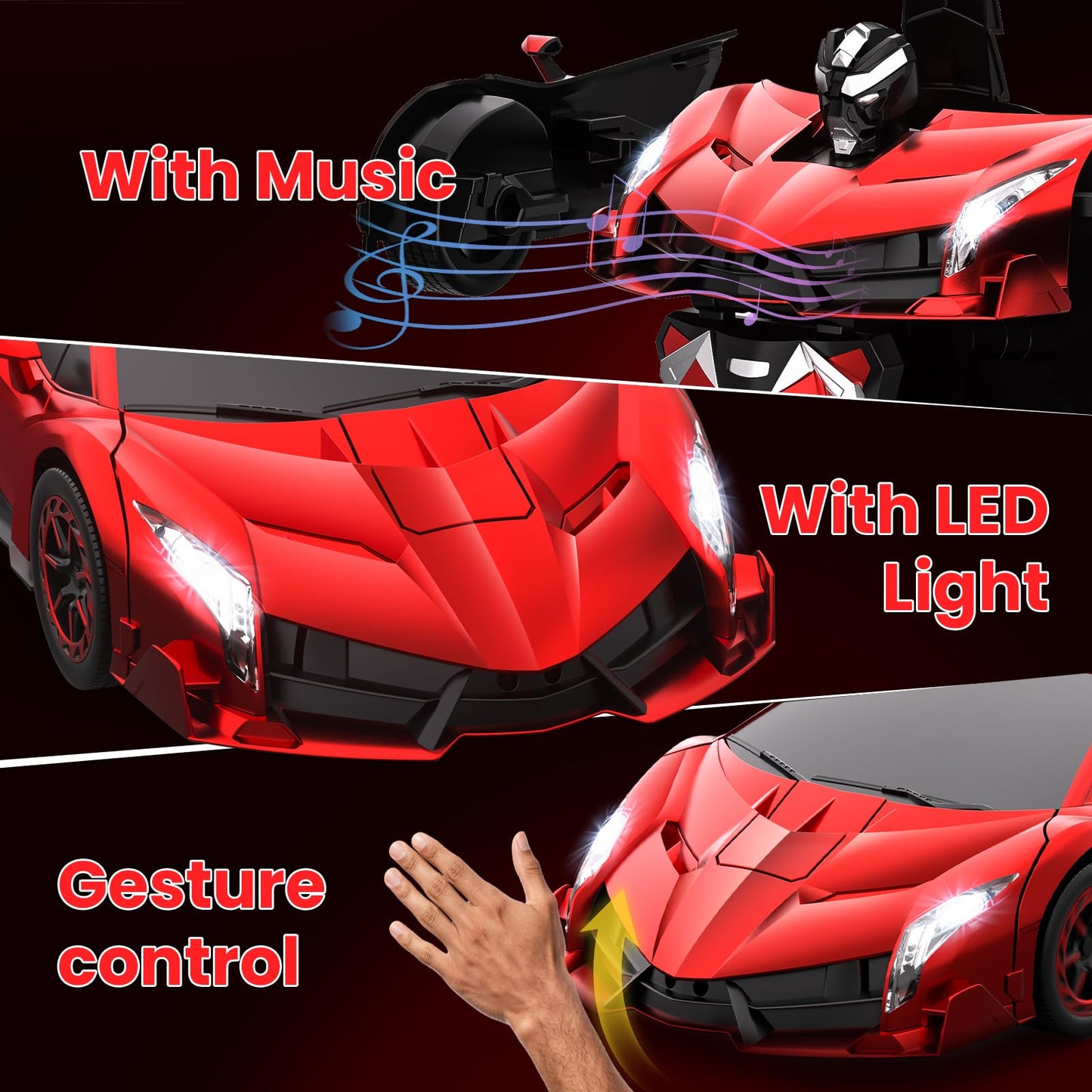 YONCHER Transform Remote Control Car, 1:12 Big Size Transform RC Cars Robot, 2-in-1 Robot Car Toy with Music and Light, Gesture Sensing, 360° Automatic Deformation, for Boys and Girls, Red