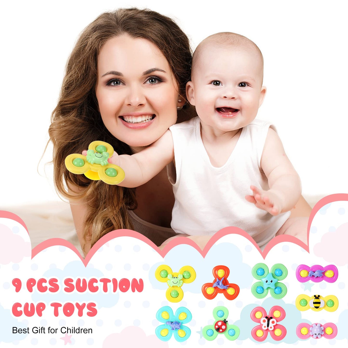 Leitee 9 Pcs Suction Cup Toys Bath Toys Sensory Strong Suction Cup Toys Spinner Dimple Toy Birthday Gifts for Early Education Bathtub Dining Chairs, 3 Styles(Cute Style)