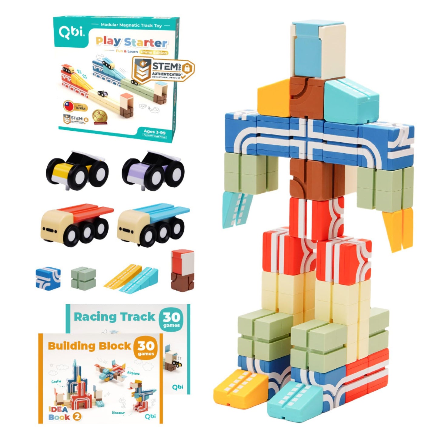 QBI Magnetic Blocks Play Starter Set – STEM Construction Toys & Race Car Track for Kids Ages 3-5+｜Educational Magnet Building Tiles with 2 Ramps & 4 Vehicles｜Montessori Gift for Boys & Girls (36 Pcs)