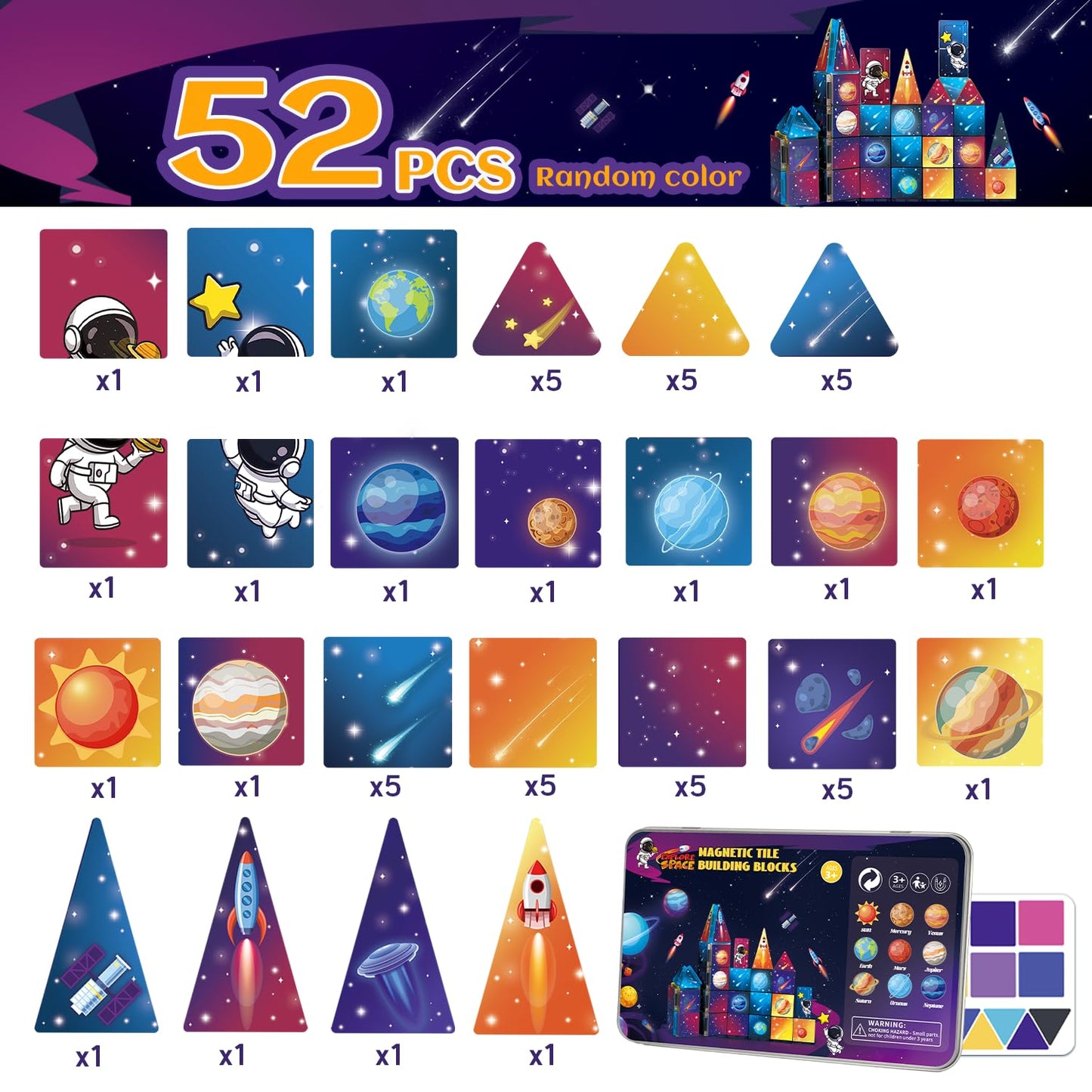 kocojrff Mini Magnetic Tiles Travel Set, 31Pcs STEM Travel Magnatiles with Metal Case, Space Theme Educational & Creative Magnet Tiles for Kids