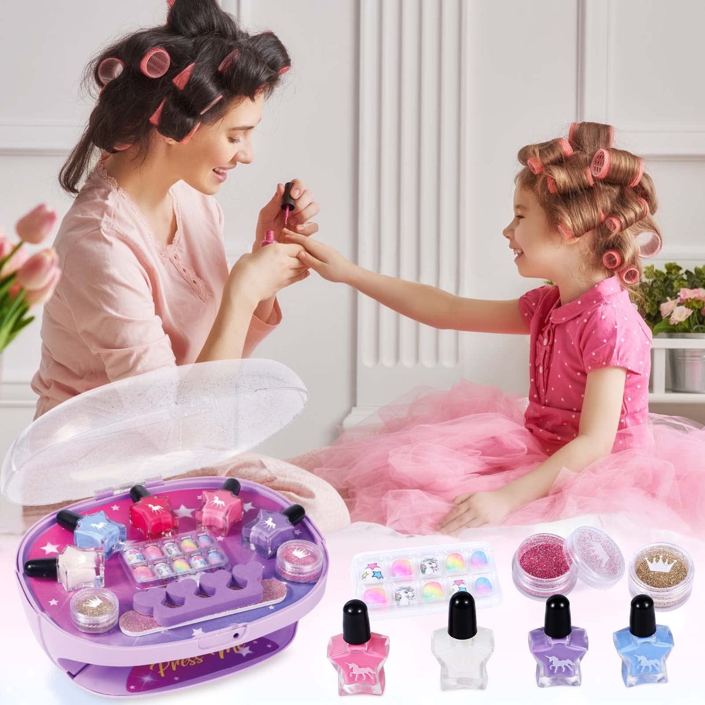 Golray Kids Nail Polish Set for Girls, All-in-One Nail Art Kit - Dryer/ Glitter Powder/ False Nails/ Nail Decals/ Toe Separator/File, Age 3-12 Little Girl Gift Toys