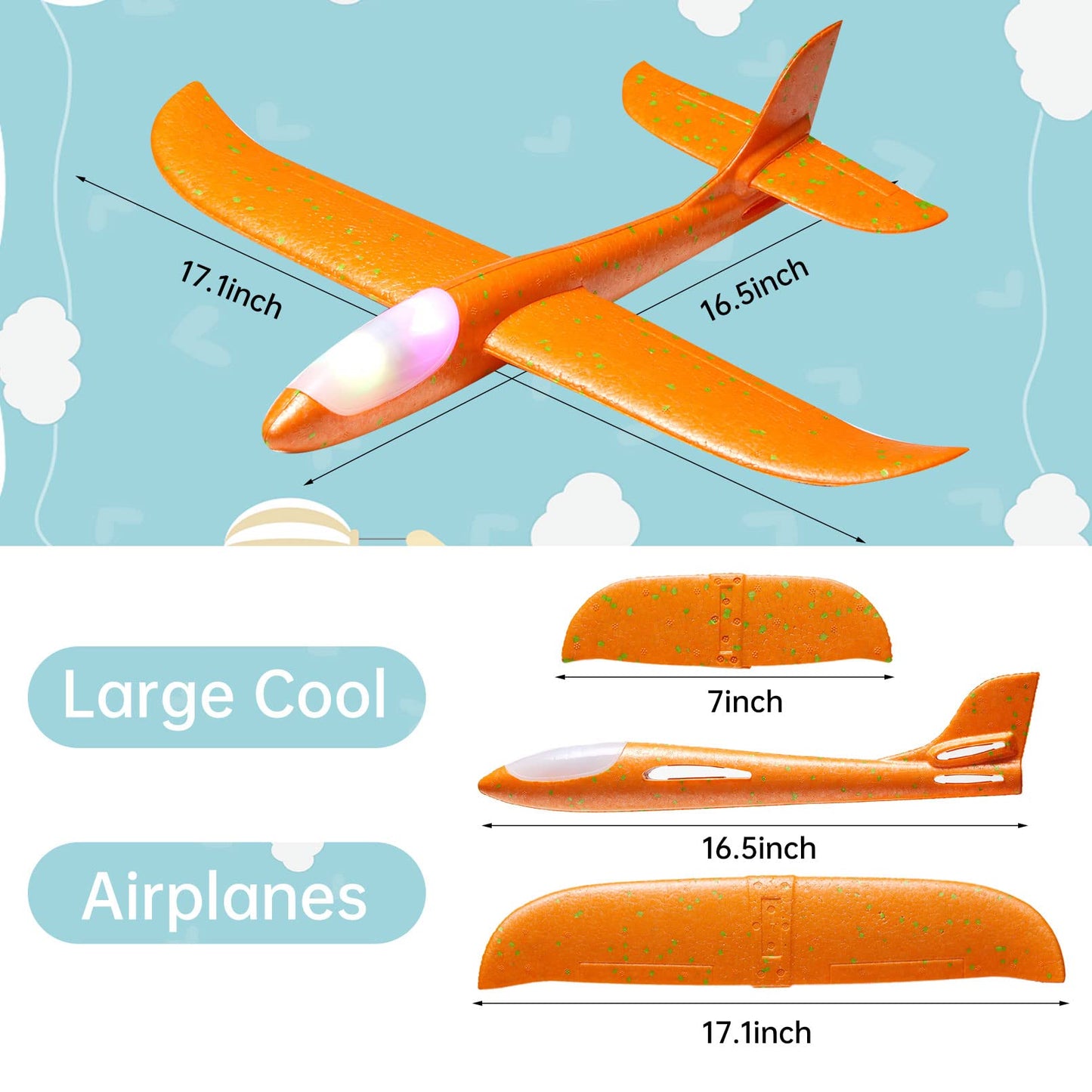 4 Pack LED Light Airplane Toys,17.5" Large Throwing Foam Plane,2 Flight Mode Glider Plane,Foam Airplane Flying Toys for Kids,Outdoor Sport Game Toys,Foam Glider Airplane,Gift Toys for Boys Girls