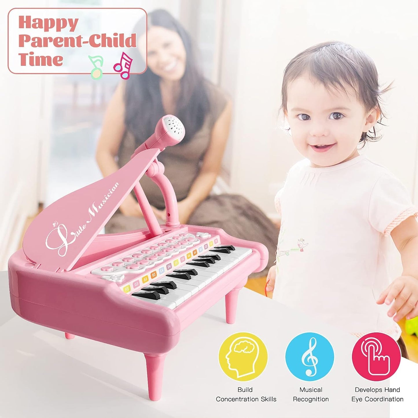 Love&Mini Piano Keyboard Toys for Girls - 24 Keys Toddler Piano Music Toy Instruments with Microphone，Pink Piano Toys for 1 2 3 4 5 Years Old Girls Birthday Xmas Gifts (24 Keys Pink Piano Toy)